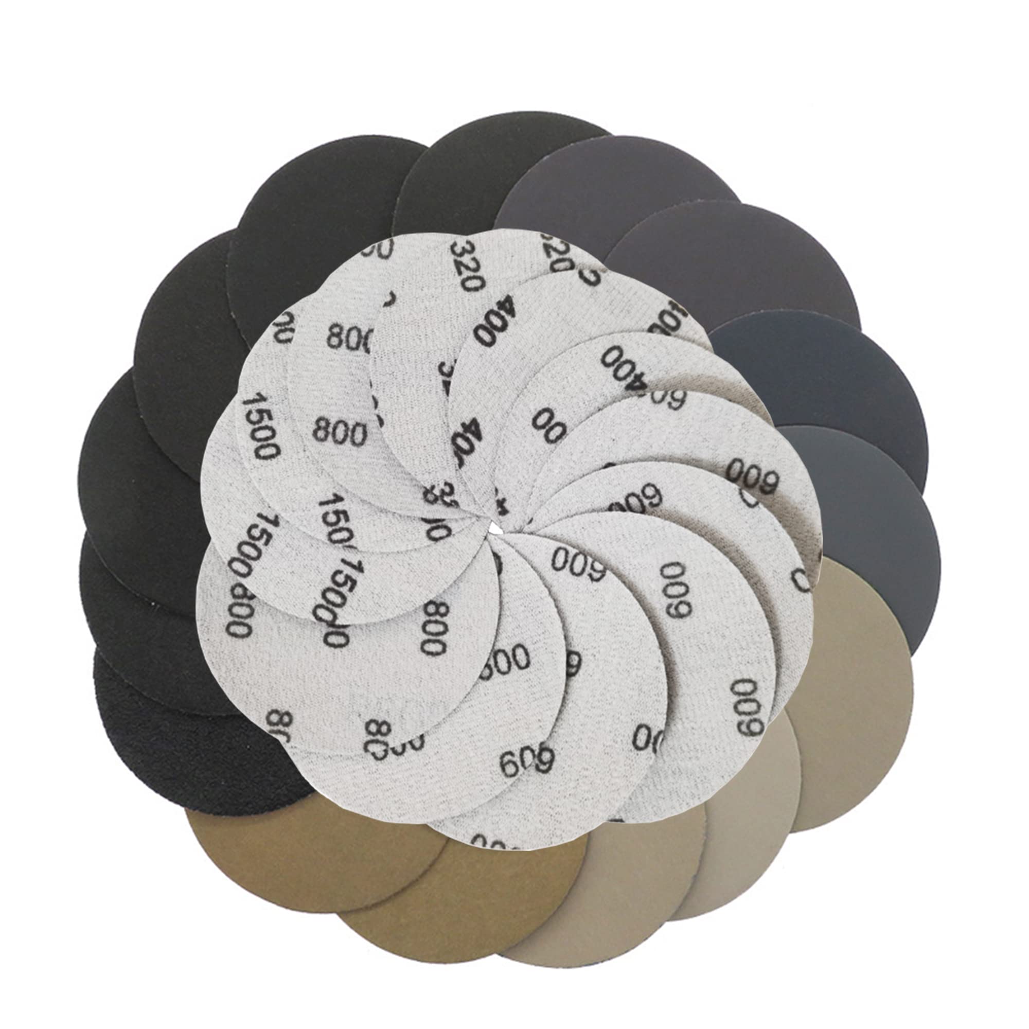 30pcs 3 Inch 75mm Round Wet Dry Water Sanding Discs Grit 320/400/600/800/1000/1500 Sandsheet Hook and Loop Flocking Sandpaper Pad Sanding and Polishing for Electric Grinder Accessory