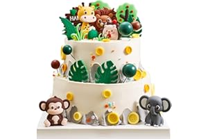 GARDIVA 25PCS Jungle Safari Cake Toppers Set - 3D Zoo Animals Cake Toppers with Trees & Leaves, Wild One Birthday Decor for Jungle Theme Parties Supplies, Safari Cake Decorations