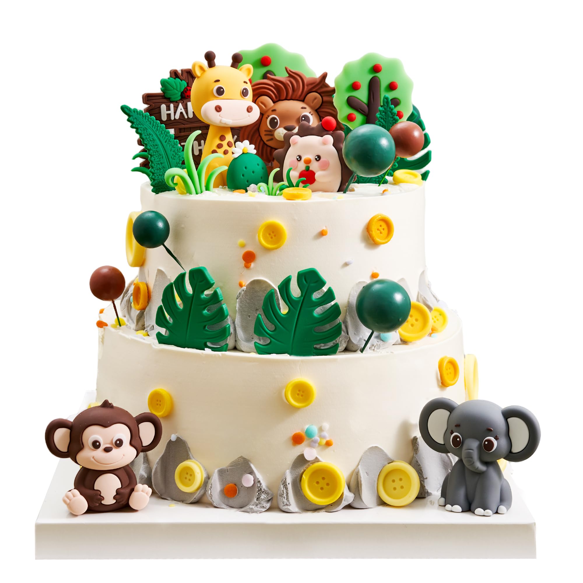 Photo 1 of 25PCS Jungle Safari Cake Toppers Set - 3D Zoo Animals Cake Toppers with Trees & Leaves, Wild One Birthday Decor for Jungle Theme Parties Supplies, Safari Cake Decorations