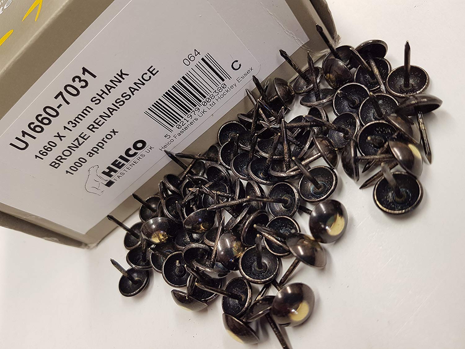 1000 Bronze Renaissance upholstery nails. GENUINE HEICO IN BRANDED BOX. 1 cm diameter decorative furniture studs