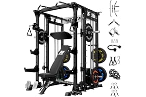 RitFit Smith Machine Power Cage with LAT Pulldown & Cable Crossover, All-in-One Power Rack Home Gym System with Leg Press Attachment & Accessories