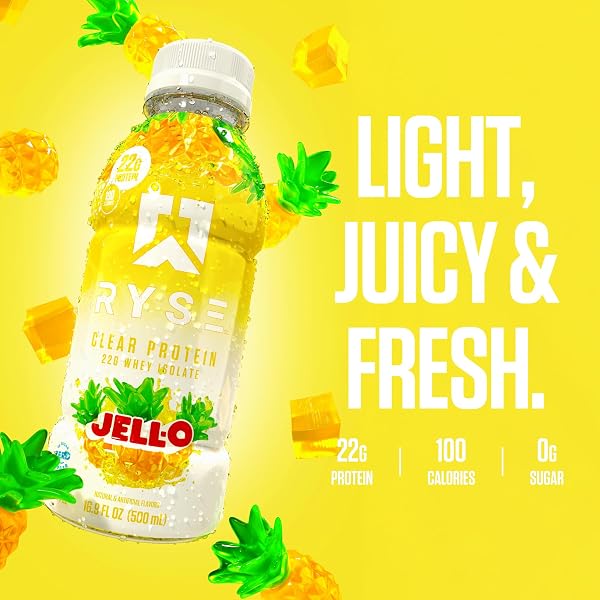 RYSE CLEAR PROTEIN DRINK – JELL-O ISLAND PINEAPPLE – 100 CALORIES, 22G WHEY ISOLATE PROTEIN SHAKE, SUGAR-FREE, 0G FAT & LACTOSE-FREE – REFRESHING READY-TO-DRINK BEVERAGE – 16.9 FL OZ BOTTLES (12-PACK)
