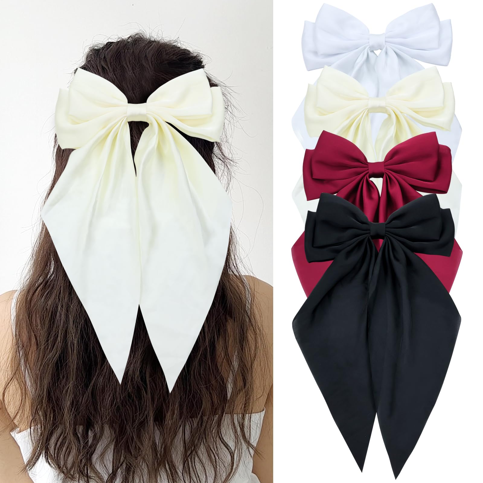 Cinaci 4 Pieces Large Big Oversized Silky Satin Hair Bows for Women Girls Teens, Fancy Long Tail Bow French Barrettes Hair Clips Accessories
