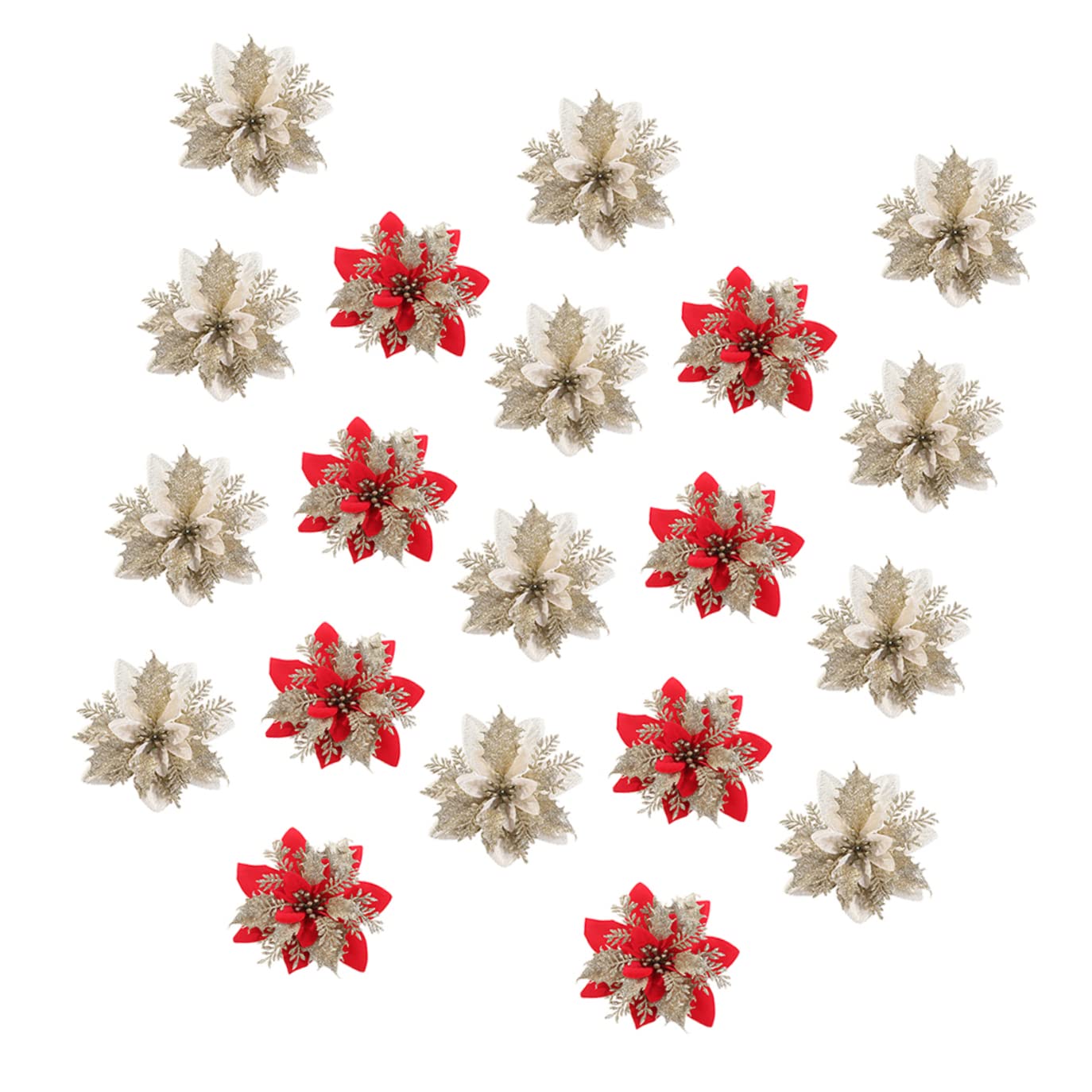 Gogogmee 20pcs Christmas Artificial Glittery Flowers Lightweight Diy Festival Flower Ornaments for Christmas Tree Wreath Garland Decoration