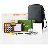 Orbixa Mini Watercolor Travel Paint Set – 15 Artist Colors in Solid Walnut Palette, with 100% Cotton Sketchbook, Water Brush, Metal Clip, Water Cup & PU Leather Travel Bag | Portable Art Gift Kit for Painting Anywhere(Forest green)