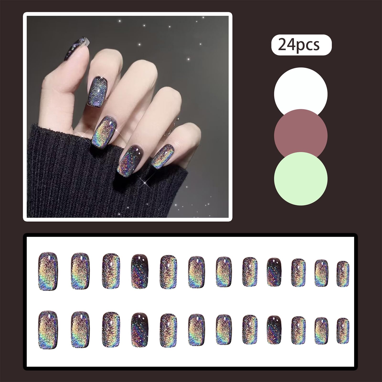 Black Press On Nails Short Glossy Glitter Fake Nails Stick On Nails for Cat Eye Colorful Acrylic Fake Nails Gel Polished Glue on Nails for Women Girls 24Pcs - Image 3