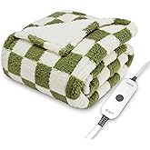 Sunbeam Printed Royal Sherpa Foot Pocket Heated Throw Electric Blanket, 50" x 60", 4 Heat Settings, 4-Hour Auto Shut-Off, Warming Cozy Throw for Couch or Bed, Machine Washable, Sage Checkerboard