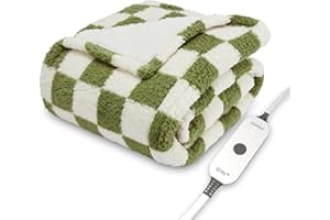 Sunbeam Printed Royal Sherpa Foot Pocket Heated Throw Electric Blanket, 50" x 60", 4 Heat Settings, 4-Hour Auto Shut-Off, Warming Cozy Throw for Couch or Bed, Machine Washable, Sage Checkerboard