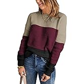 Dokotoo Womens Color Block Sweaters Long Sleeve Crewneck Pullover Knit Jumper Tops