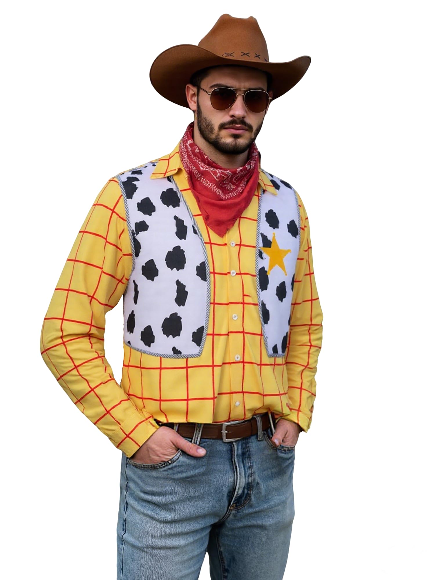 Photo 1 of ***(HEAVILY USED/ MINOR DAMAGE)***VOREAD Mens Toy Sheriff Cowboy Costume Halloween Cosplay Woody Shirt and Vest Outfit (Yellow, Medium)