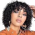 Mjiokii Short Curly Human Hair Wigs with Bangs Jerry Curl Glueless Bob Wig Human Hair with Bang Wear and Go No Lace Wig 180 Density 100% Real Unprocessed Brazilian Virgin Hair Natural Black 12 Inch