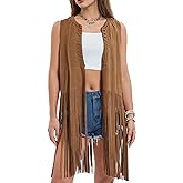 BJU Women's Fringe Vest 70s Hippie Costume Faux Suede Sleeveless Tassel Long Cardigan Jacket Cowgirl Western Tops Halloween
