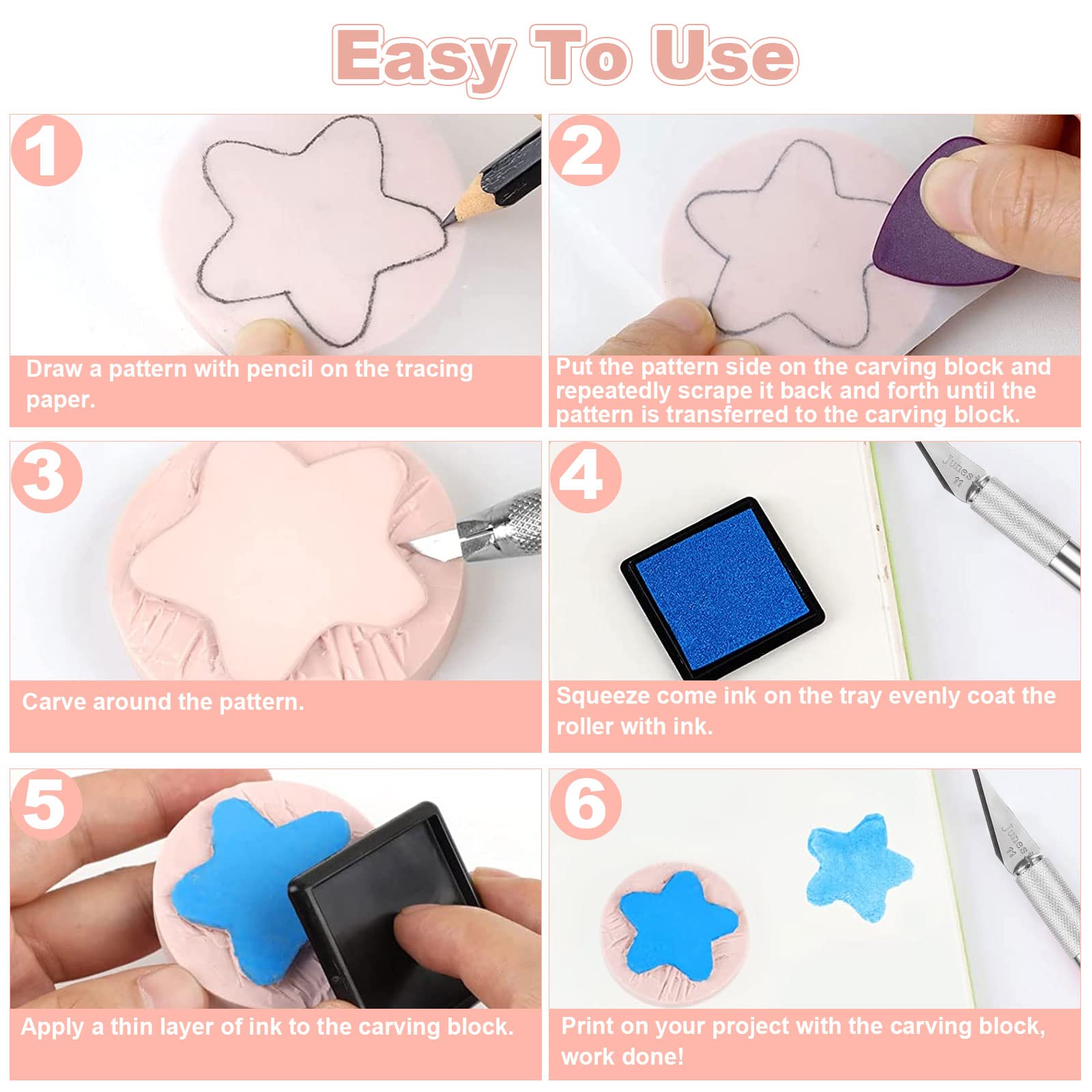 CertBuy 30 Pack Print Making Linoleum, Pink Speedy Carve Block, Round Print Blocks for Stamping, Rubber Carving Blocks for Printing, Soft Rubber Crafts, Linocut Block