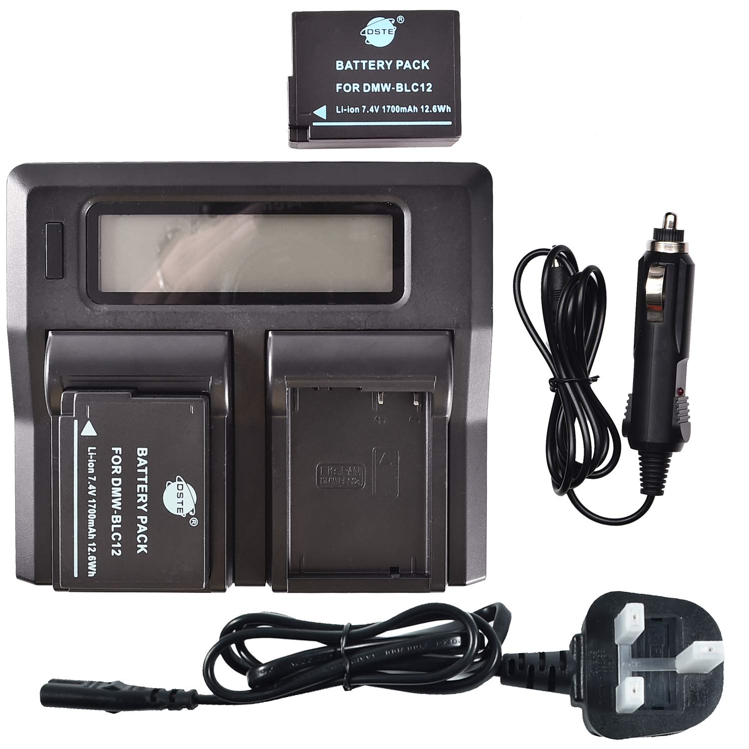 DMW-BLC12 DSTE Replacement Battery (2-Pack) and Rapid LCD Dual Charger Kit for Panasonic DMW-BLC12E DMW-BLC12PP and Panasonic Lumix DMC-GH2 DMC-FZ200 DMC-FZ200GK DMC-FZ1000 V-LUX4 Leica Q Camera