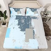 Blue Grey White Fitted Sheet Twin Size Kids Abstract Art Bedding Set for Boys Teens Geometric Bed Sheet Set Stripes Modern Bed Cover Room Decor