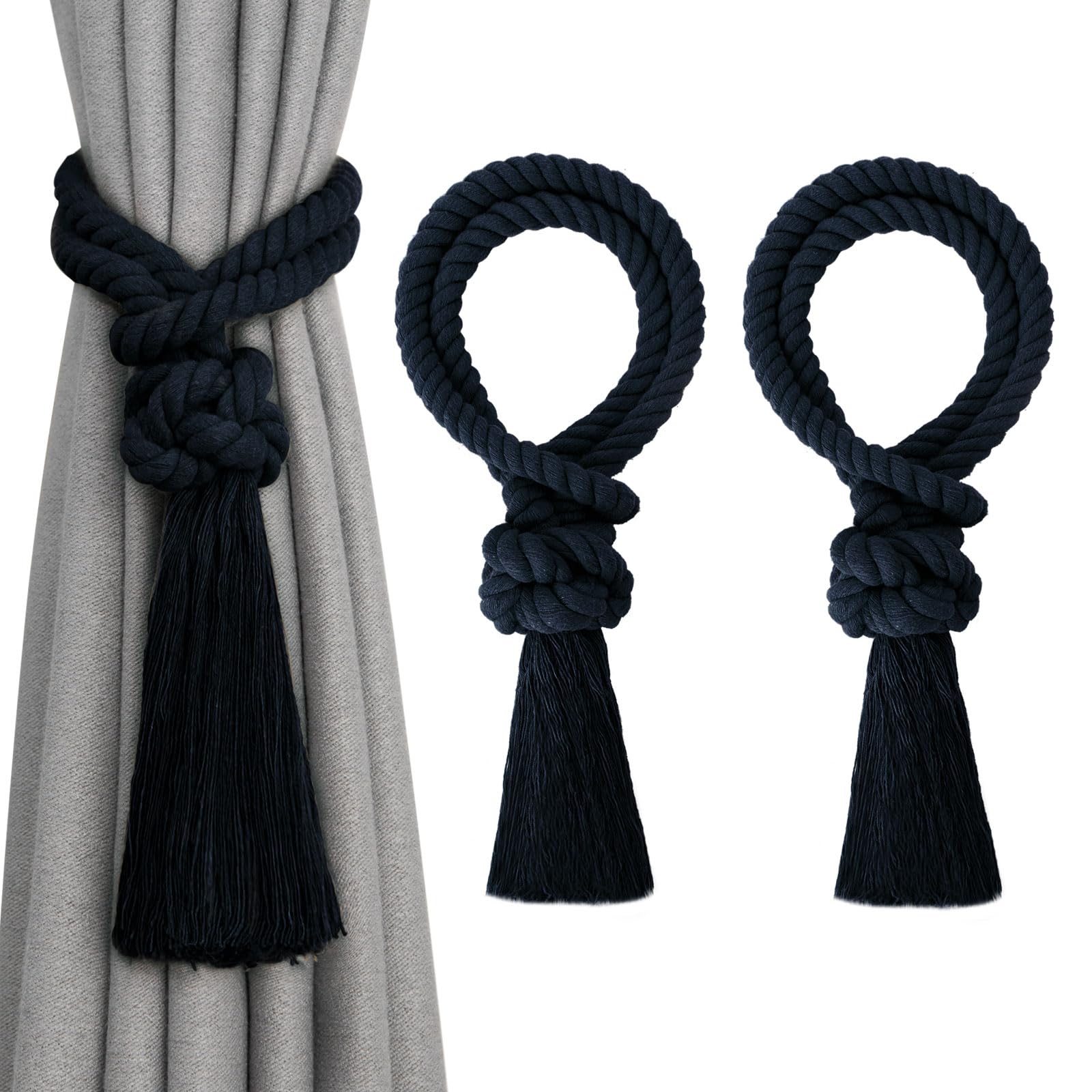 Pretty Jolly 2 Pack Natural Cotton Rope Tassel Curtain Tiebacks Boho Home Decor Drape Tie Backs Hand Woven Ball Curtain Holdbacks for Thin & Thick Home & Office Window Draperies (Dark Blue)