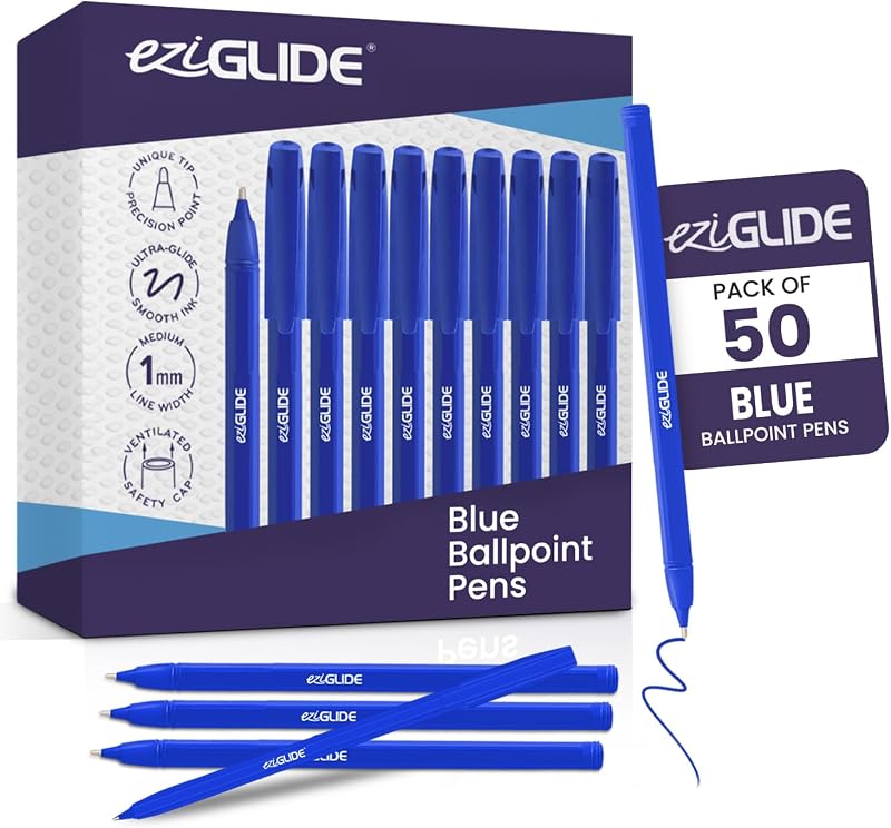 Eziglide Ballpoint Pen Set 50 Blue Medium 1.0mm Easy Grip Ultra Smooth Writing