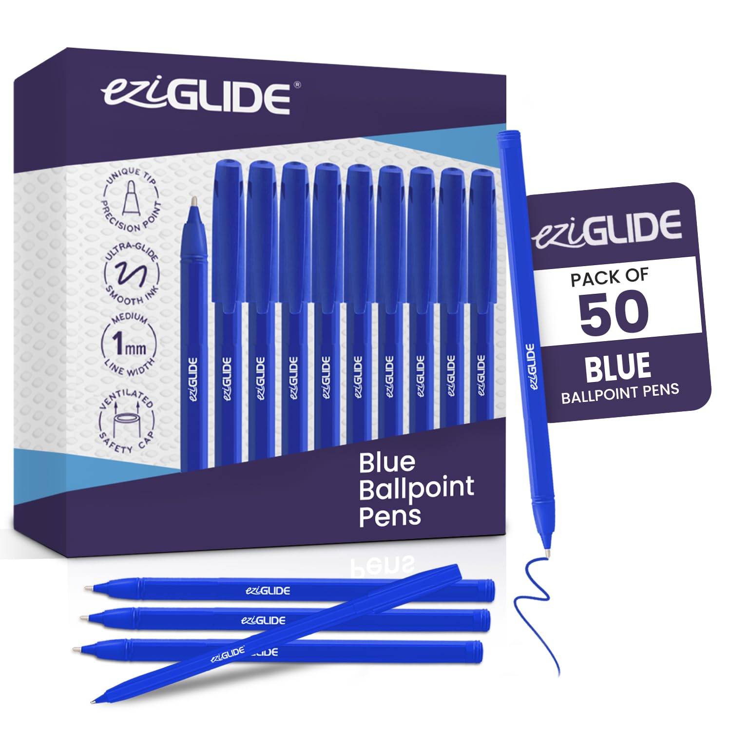 Eziglide Ballpoint Pen Set, 50-Pack Blue – Easy Grip Writing Pens with Medium Point (1.0mm) for Ultra-Smooth, Skip-Free Writing – Ideal for Office, Work, Exams, School & Stationery Use