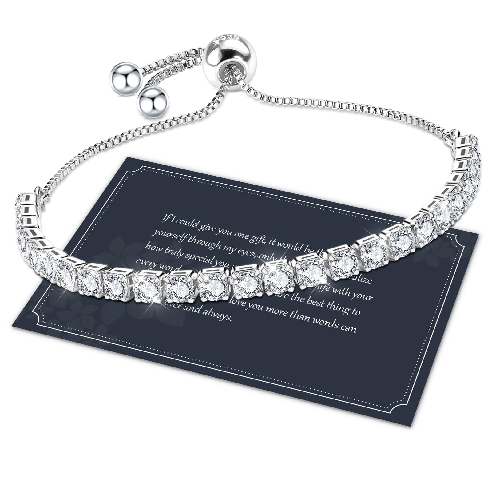 Photo 1 of Sterling Silver Tennis Bracelets, Cubic Zirconia Adjustable Bracelet for Women ,Valentines Day Gifts for Her