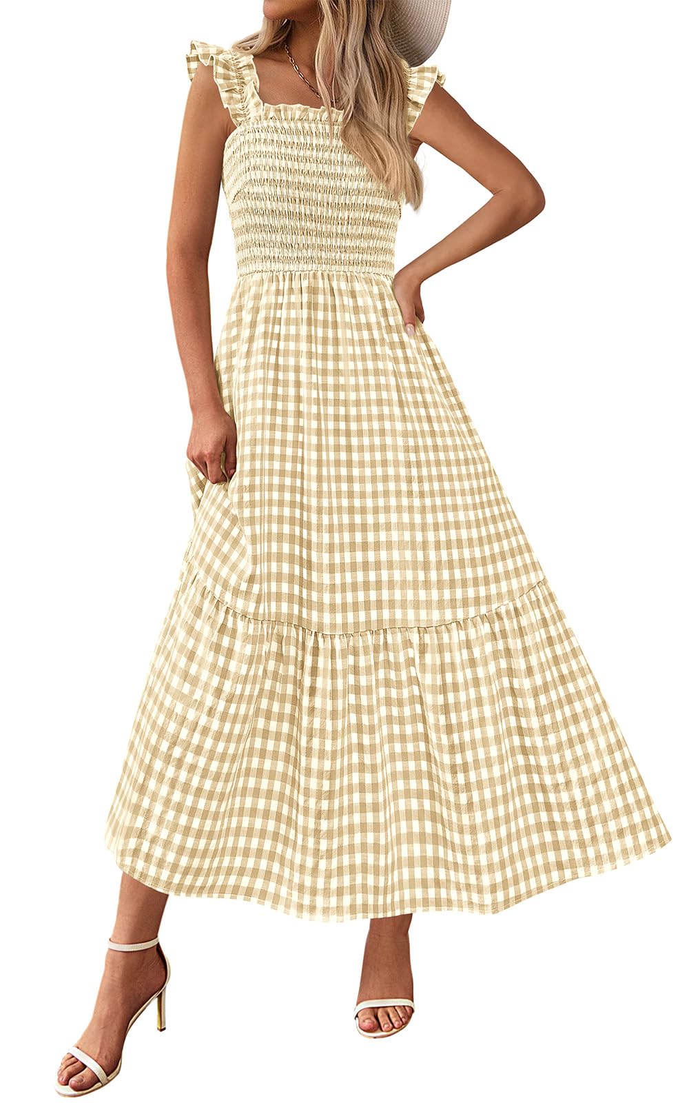 Photo 1 of PRETTYGARDEN Women's Summer Dress Casual Square Neck Ruffle Strap Gingham Smocked Midi Flowy A Line Beach Vacation Sun Dresses 2025 (Khaki, L)