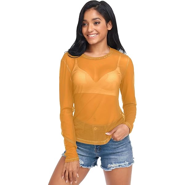 UMIRIKO Yellow Sexy Long Sleeve Sheer Tops for Women S Yellow at