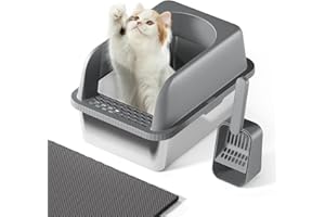 FYLICA Stainless Steel Cat Litter Box with Lid, 20" L x 14.2" W x11.8 H, Large Cat Litter Box for Multiple Cats with High Sided, No-Leak & Stick, Easy to Clean, Includes Litter Mat & Multi Functional Scoop