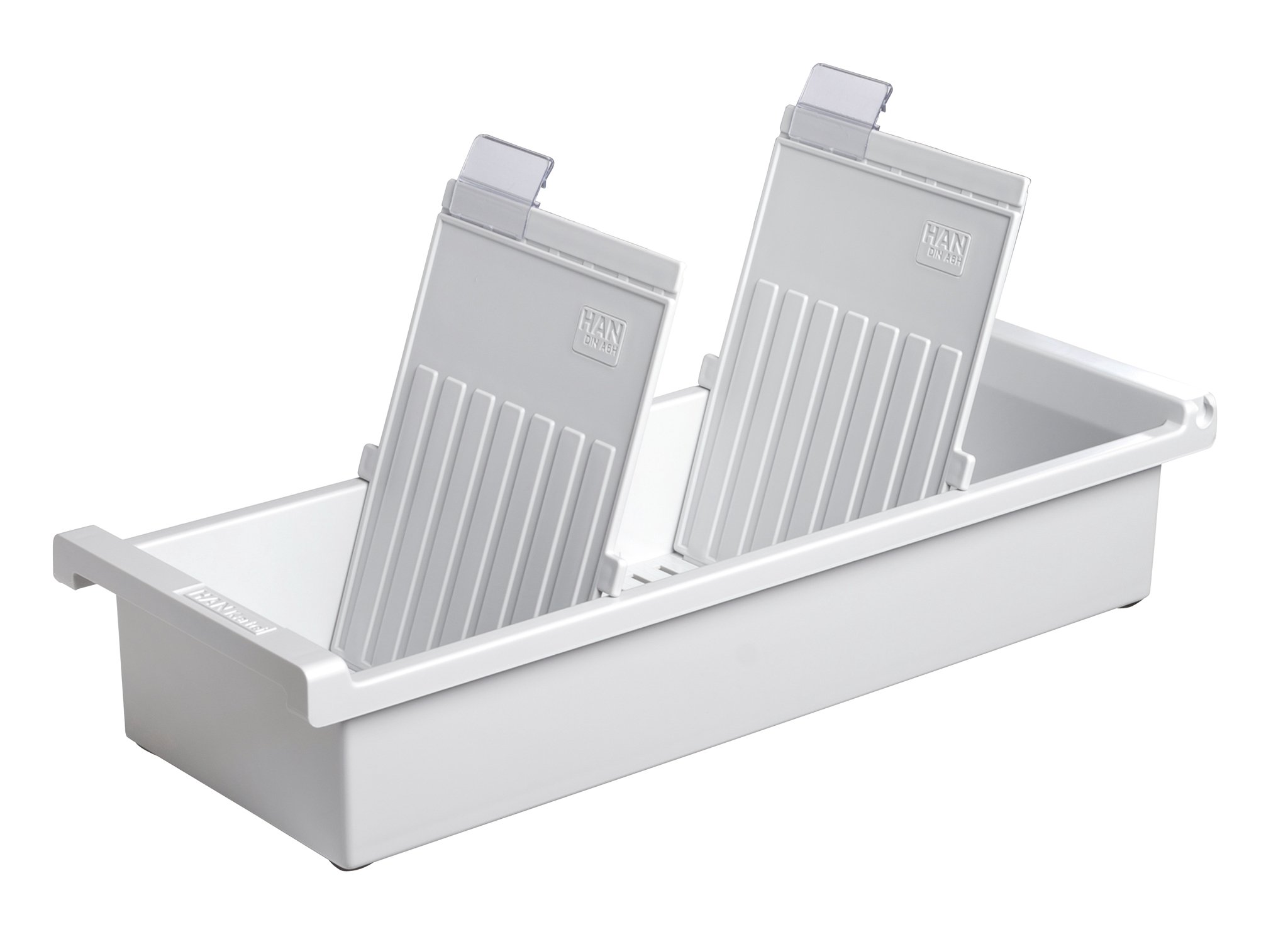 HAN 956-0-1-11, Card index tray A6 portrait. Innovative, attractive design holds 1,300 cards, supplied with 2 support plates with clear file clips, light-grey