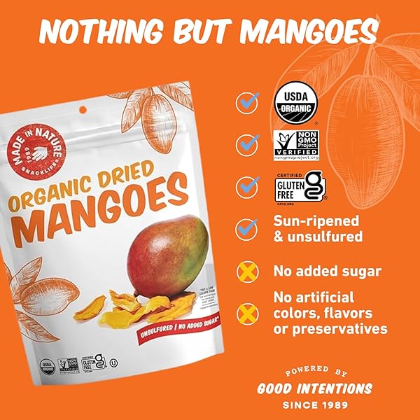 MADE IN NATURE ORGANIC DRIED MANGOES, NON-GMO, GLUTEN FREE, UNSULFURED, VEGAN SNACK, 3OZ (PACK OF 1), PACKAGING MAY VARY