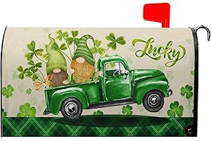 GRANBEY Happy St.Patrick's Day Green Truck with Gnome Shamrocks Decorative Mailbox Cover Green Buffalo Plaid Waterproof Letter Post Box Cover Beige Magnetic Mailbox Covers 25.5x21 Inch for Home Garden Yard
