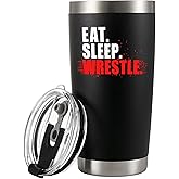 Panvola Eat Sleep Wrestle Wrestling Gifts Sports Wrestlers Vacuum Insulated Tumbler Stainless Steel Travel Mug with Removable Lid and Straw (Black, 20 oz)