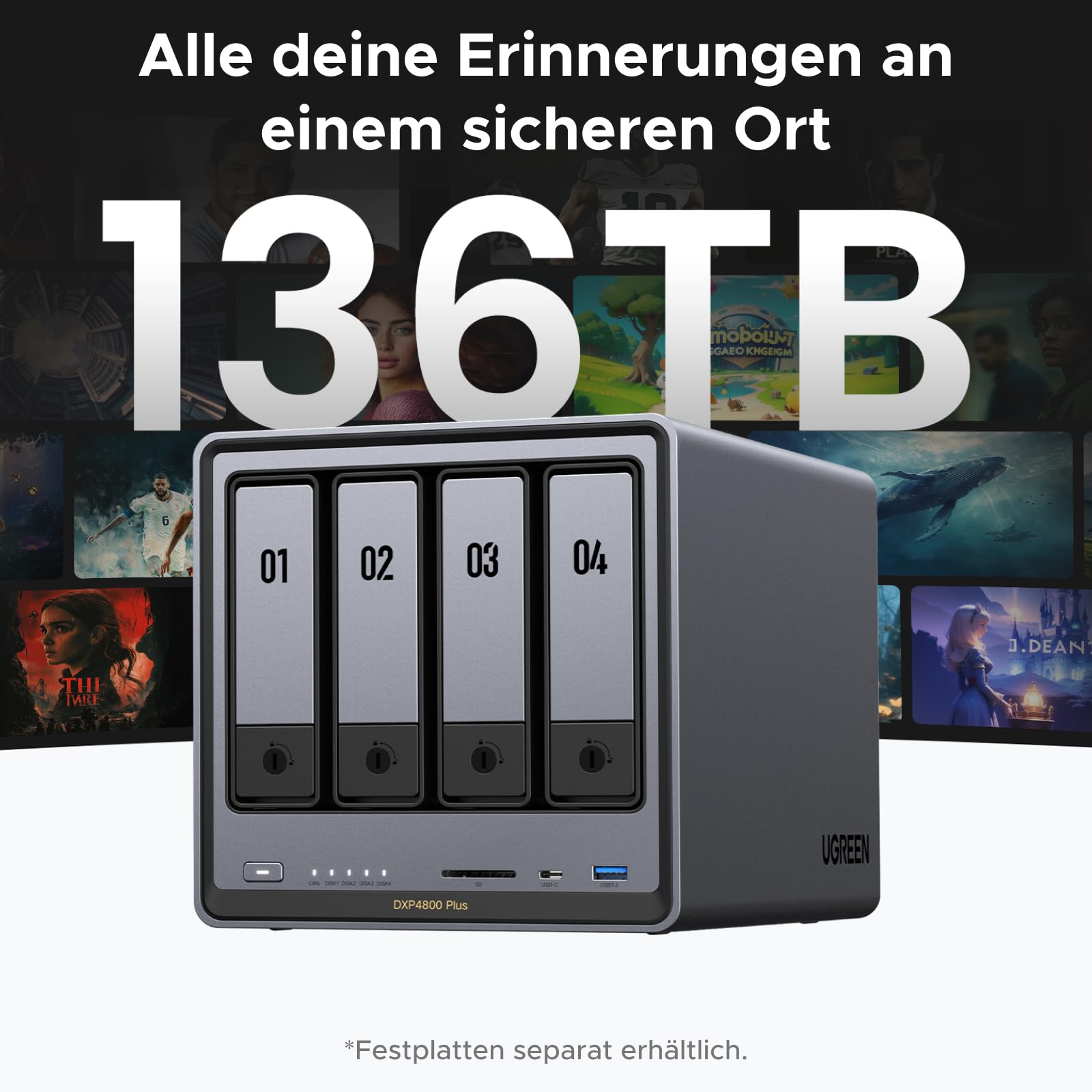 UGREEN NASync DXP4800 Plus 4-Bay Desktop NAS, Intel Pentium Gold 8505 5-Core CPU, 8GB DDR5 RAM, 128G SSD, 1 * 10GbE, 1 * 2,5GbE, 2*M.2 NVMe-Steckplätze, 4K HDMI, Network Attached Storage (Diskless) 5