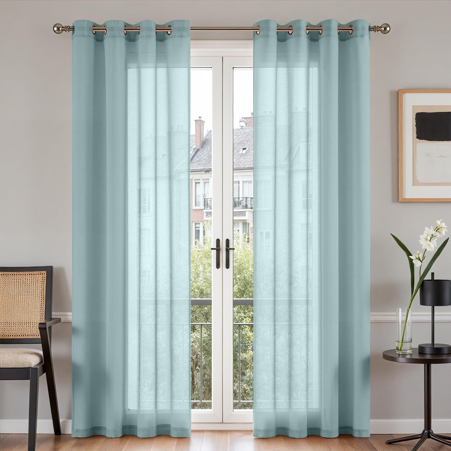 Linen Like Sheer Curtains for Bedroom Eyelet Top Voile Sheer Curtain Panels for Living Room (2 panels, 55 by 96 Inch, Light Blue)