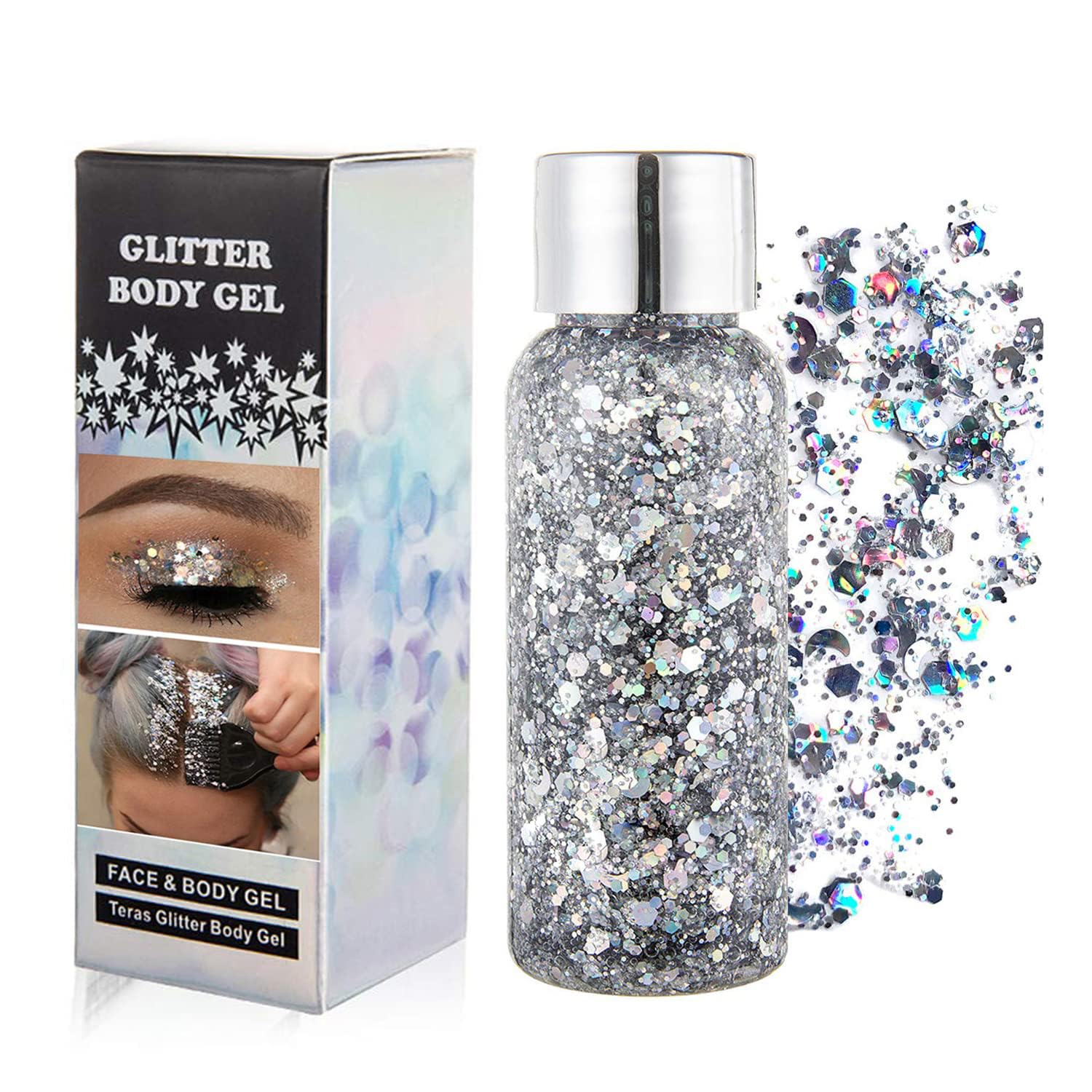 GL-Turelifes Chunky Face Body Glitter Gel Festival Mermaid Hair Sequins Cosmetics Sparkling Nails Glitter Makeup Long Lasting 30g (#01 Silver)