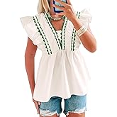 Tankaneo Womens Ruffle Cap Sleeve Babydoll Blouse Dressy Casual Summer V Neck Peplum Tops Loose Fit Pleated Shirts