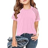 LNKQA Girls Short Sleeve T Shirts Summer Tops Kids Lace Pleated Tees 5-14 Years