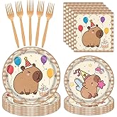 96 Pcs Kawaii Capybara Party Decorations Tableware Set for Boys Girls Kids Baby Shower Includes Plates Napkins Forks Cartoon Capybara Birthday Theme Party Supplies for 24 Guests