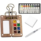 Mini Watercolor Travel Kit, Portable Watercolor Set with 12 Colors, Compact Pocket Watercolor Paint Set for Outdoor Sketching, Includes Walnut Wood Box and Mini Sketchbook
