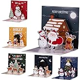 EMPCYDIA Christmas Cards, 6 Pack Small Pop Up Christmas Gift Cards with Envelopes Stickers, 3D Cute Holiday Greeting Card Santa Snowman Reindeer Xmas Tree Bulk Set Xmas Card for Kids 4.3x4.3inch