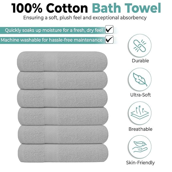 KAHAF COLLECTION PACK OF 6 BATH TOWELS 27 X 54 INCHES, 100% COTTON, LARGER & LIGHTER WEIGHT, QUICKER TO DRY, SUPER SOFT AND ABSORBENT, PERFECT FOR BATHROOM (LIGHT GREY, PACK OF 6 (27”X54”))