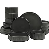 Gibson Elite Deerfield 16-Piece Stoneware Dinnerware Set – Matte Black Reactive Glaze Plates and Bowls, Stackable, Modern Design, Service for 4 – Microwave & Dishwasher Safe