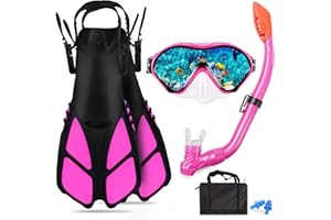 AosDero Kids Snorkeling Set with Flippers+Panoramic Snorkel Mask+Dry Top Snorkel+Earplugs+Gear Bag,Snorkeling Gear for Kids,Youth,Boys and Girls Age 5-12