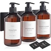 FINESSY Refillable Shampoo and Conditioner Dispenser Wall Bottles with Pump, Bathroom Body Wash Soap and Shampoo Dispenser for Shower Wall 3 Chamber No Drill, Shower Bottles Refillable with Labels