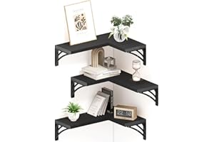 Smatto Corner Floating Shelves Set of 3, Wall Mounted Wood Shelves, Heavy Duty Floating Wall Shelves for Kitchen Bathroom Storage, Hanging Shelves for Living Room Decor, Bedroom and Office, Black