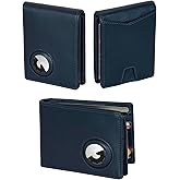 Marc Peter Airtag Wallet – Minimalist Front Pocket RFID Blocking Mens Wallet Full Grain Leather, Bifold AirTag Holder with 2 ID Window up to 14 Cards and Gift Box Nappa Navy