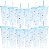 Pinsit 12Pcs 24 oz Blue Bow Plastic Cups with Straw and Lid, Reusable Coquette Bow Tie Cold Cups for Wedding Baby Shower Birthday Party Decor