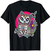 Sugar Skull Cat Mexican Dia De Los Muertos T-Shirt