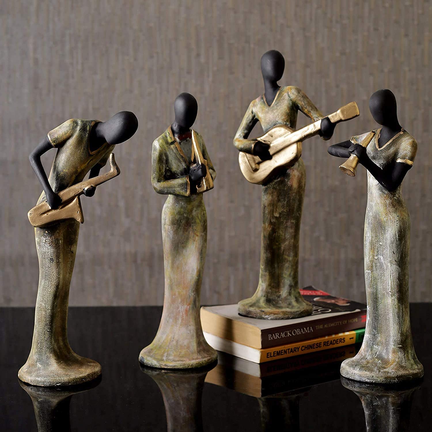 TIED RIBBONS Set of 4 Decorative Ladies Playing Musical Instrument Ornament Showpiece Collectible Figurines for Home Décor Wall Shelf Table Office Living Room Decoration Item (34 cm X 10 cm) Sandstone