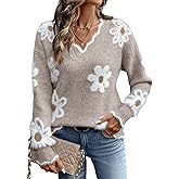 Dokotoo Women's Fall Sweaters 2025 Long Sleeve V Neck Casual Tops Ribbed Knit Comfy Fuzzy Pullover Floral Sweater