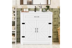 32 Inch Bathroom Vanity with Sink, Small Bathroom Sink Cabinet with 2 Barn Doors, White Single Sink Bath vanities Combo (19" 