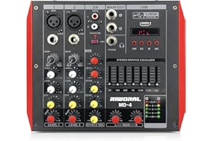 RIWORAL 4 Channel Audio Interface Dj Mixer XLR & 1/4‘’ Audio Jack Input For Guitar/Wireless/Wired Mic Usb Bluetooth Audio Mixer With Stereo Eq-7 Bands And Mono Eq-2 Bands Effect & Echo Adjustment